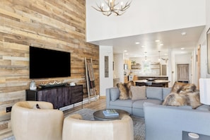 Smart TV, fireplace, books