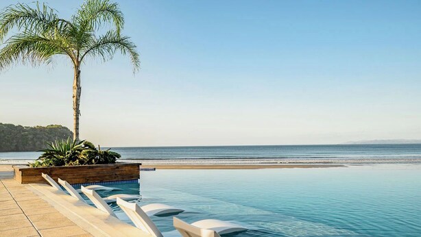 A poolside area with a palm tree, a view of the ocean, and a wooden planter with plants. - 4-6 guests, 5 Beds / 2.5 Baths • Private Villa / Beachfront Pool & Club (Las Escobas del Venado)