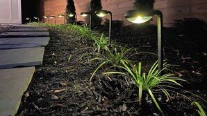 A landscaped garden area with a wooden wall and a pathway leading to a building. - Modern guesthouse in downtown TR (Travelers Rest)