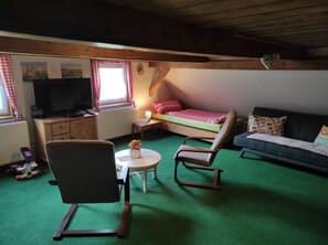 TV connectée, cheminée, table de tennis de table, chaîne hi-fi