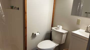 Shower, towels, soap, toilet paper