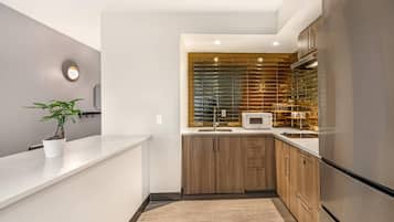 Großer Kühlschrank, Mikrowelle, Herdplatte, Geschirrspüler