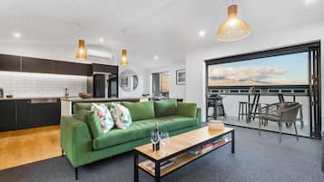 Smart TV, fireplace, books, stereo