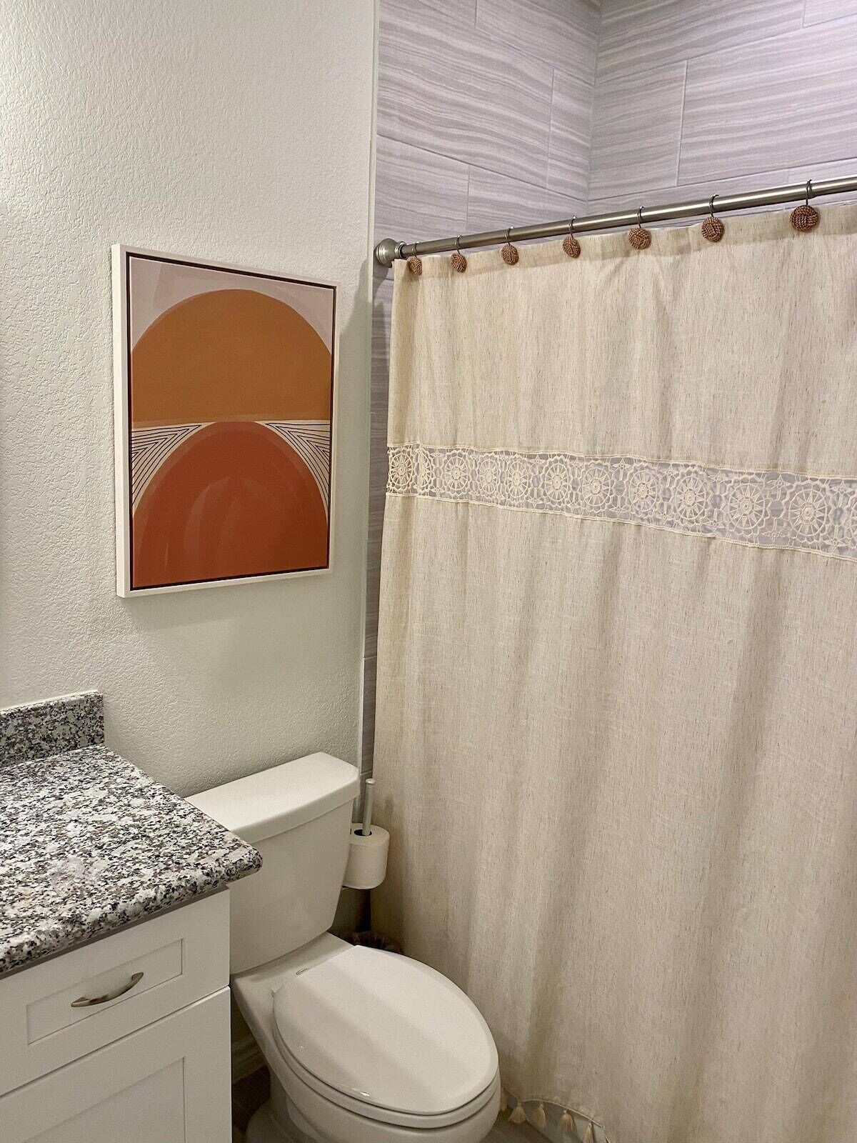 A bathroom with a toilet, a granite countertop, a framed artwork, and a shower curtain.