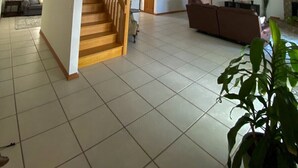 En rummelig opholdsstue med en trætrap, et fladskærms-tv og en stor plante.