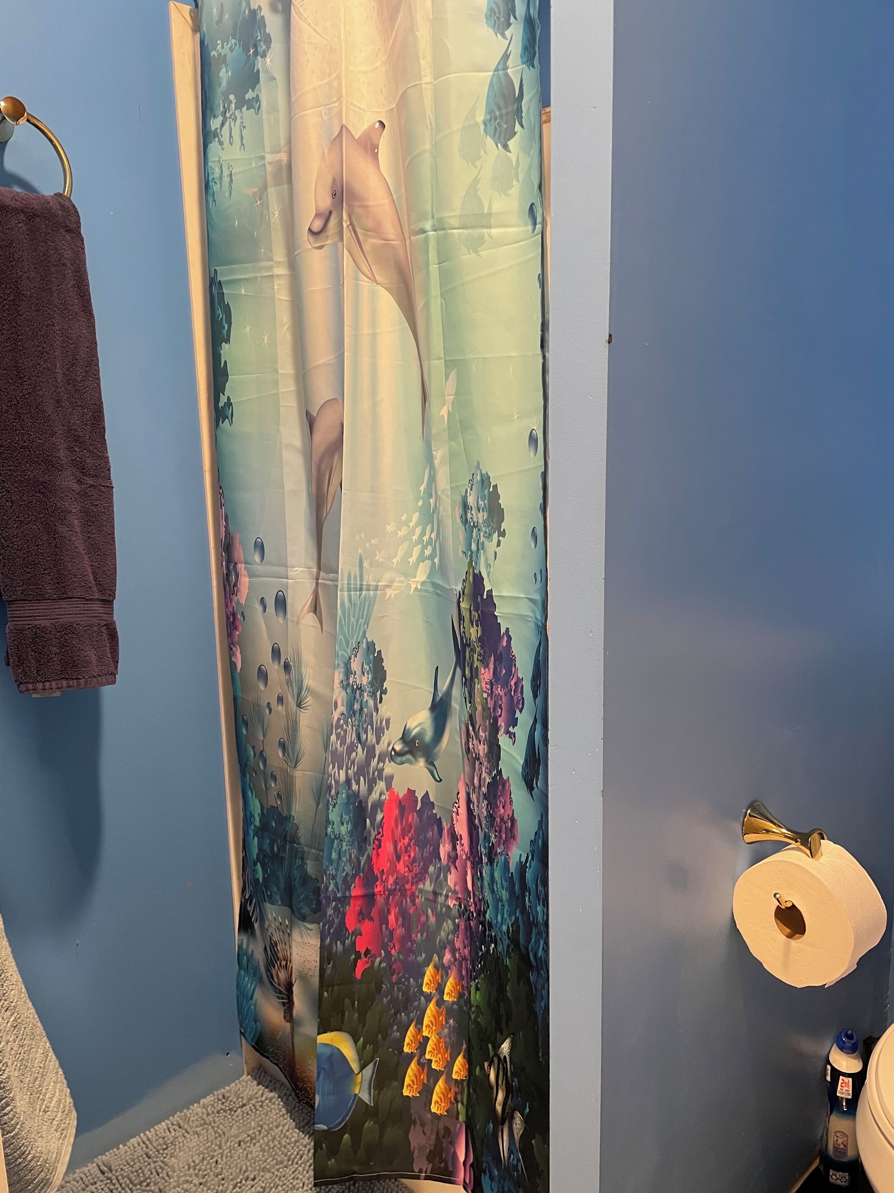 Un baño con cortina de ducha con motivos submarinos, un perchero con una toalla oscura y un dispensador de papel higiénico.