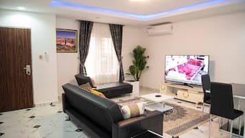 Télévision, cheminée, chaîne hi-fi