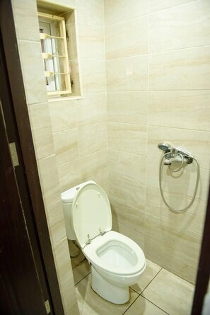 Shower, hair dryer, towels