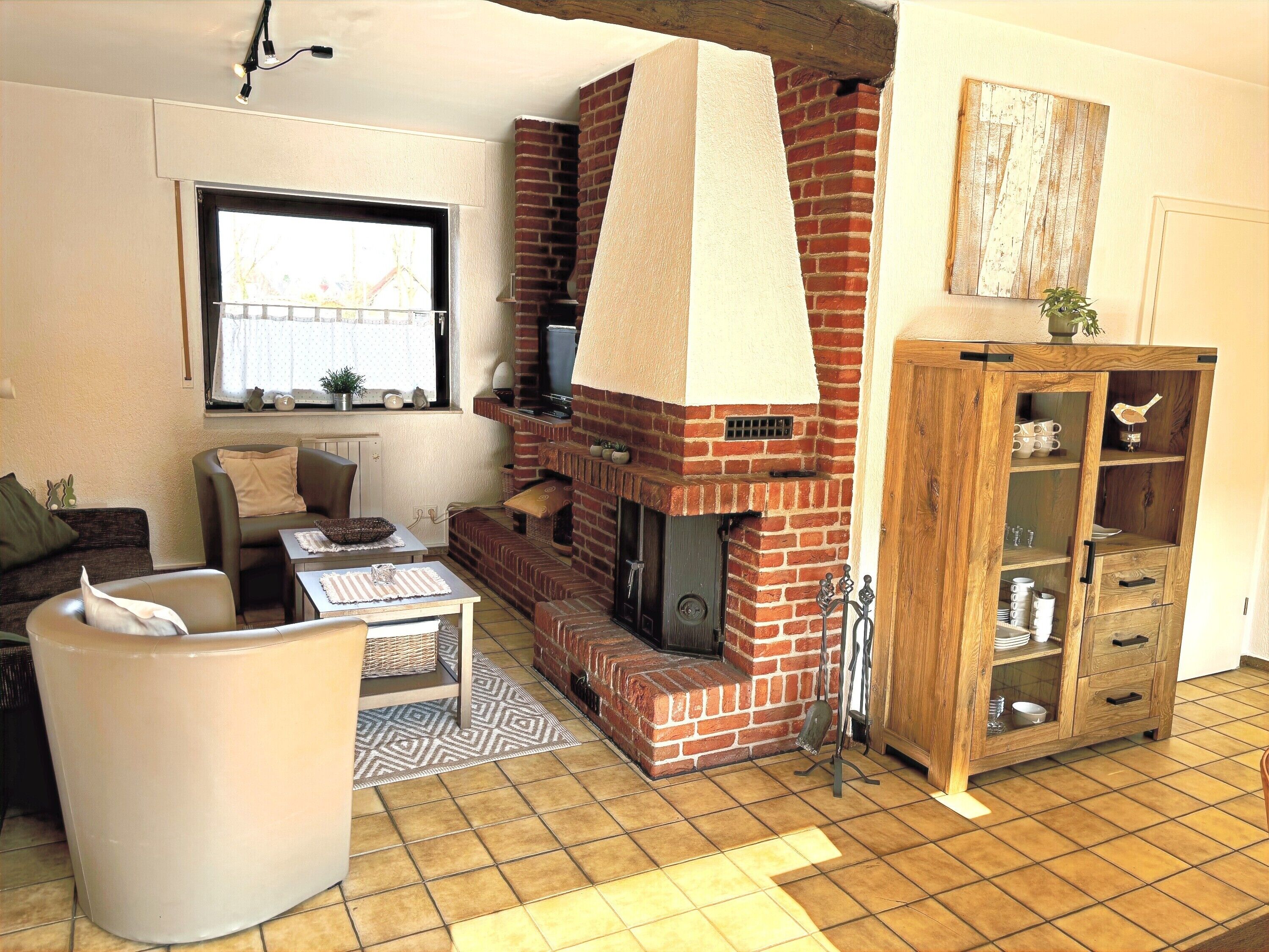 Televisión, chimenea, reproductor de DVD