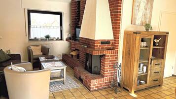 Televisión, chimenea, reproductor de DVD