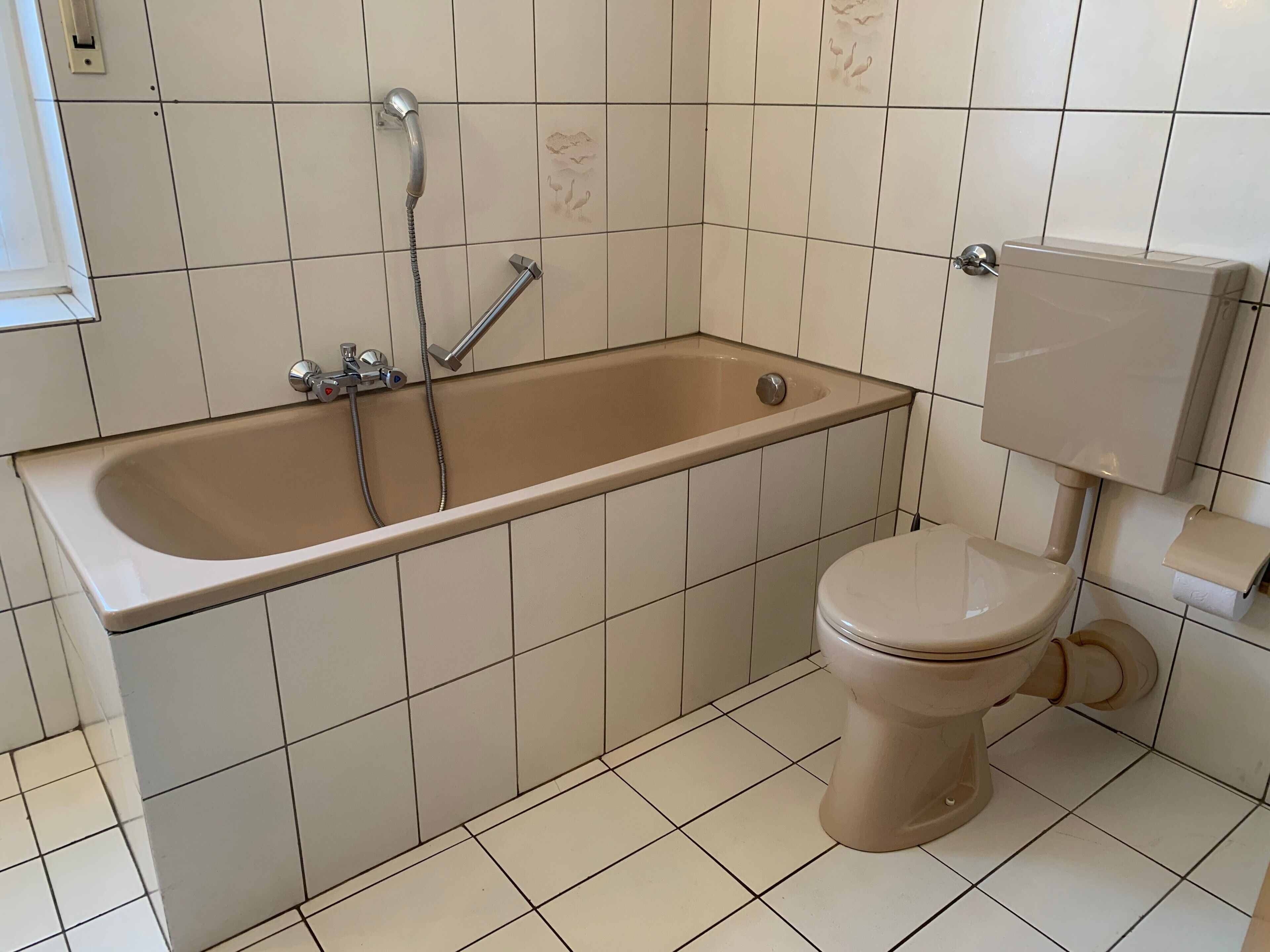 Ein Badezimmer mit einer Badewanne, Toilette und Duschbrause.