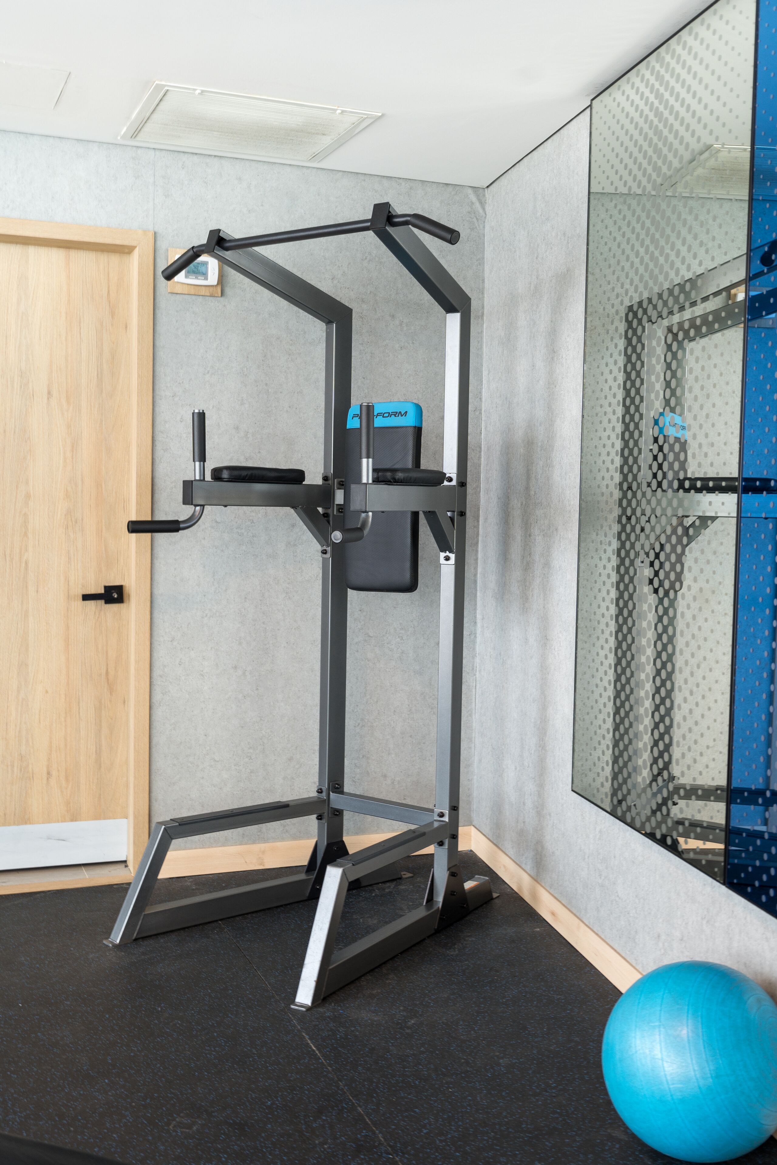 A gym with a pull-up bar, a blue exercise ball, and a door.