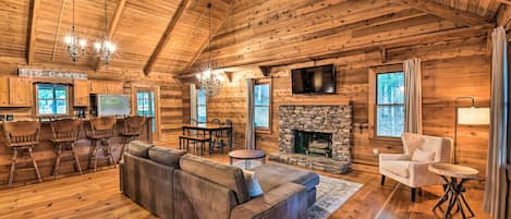 TV, fireplace, books