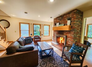 Smart TV, fireplace, video games, DVD player