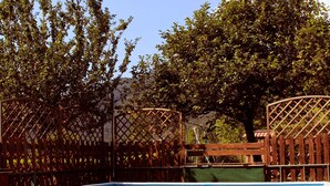 Ein rechteckiger Pool mit einer umlaufenden Holzterrasse, umgeben von einem Holzzaun mit Gitterelementen.