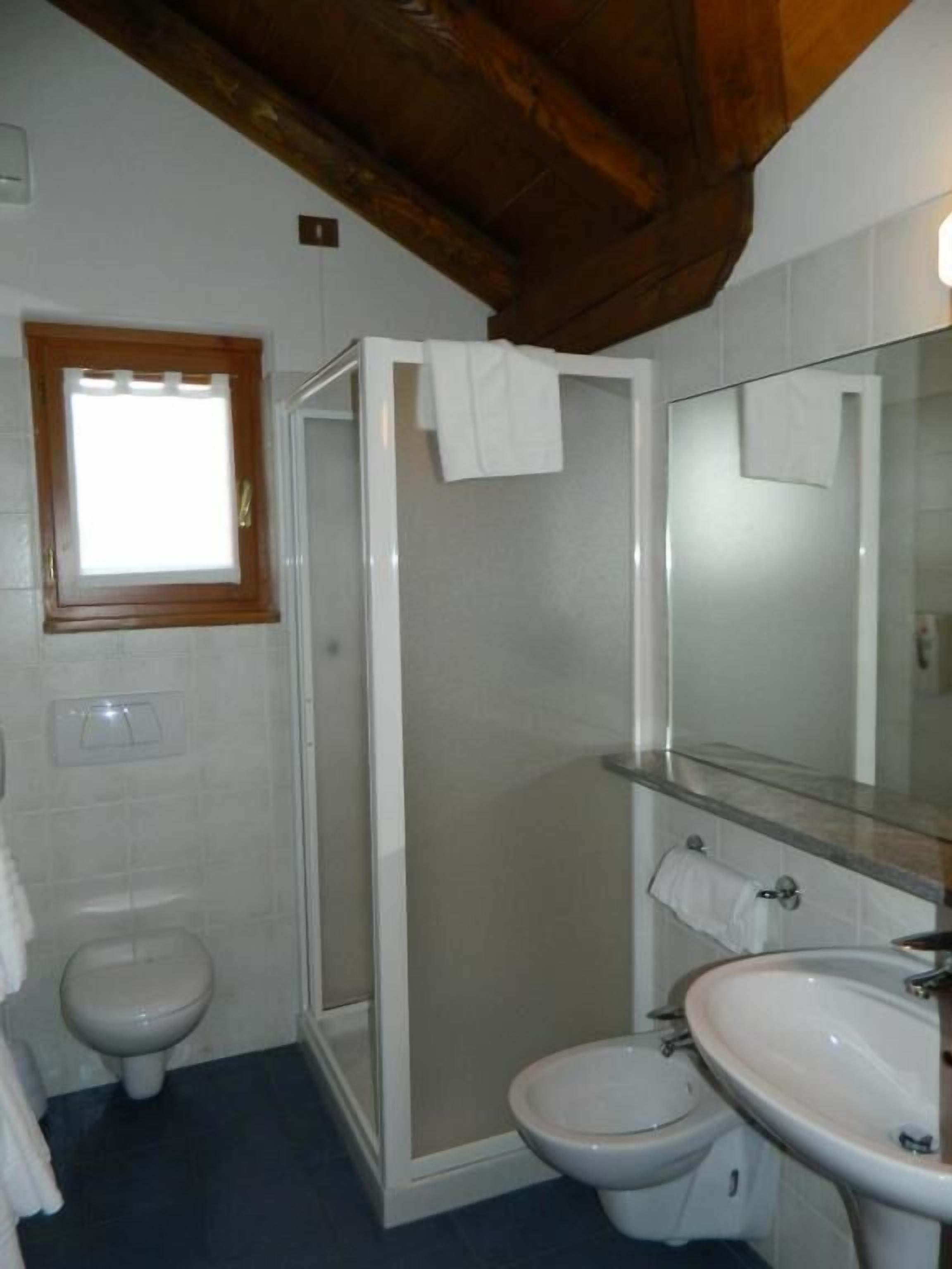 Shower, rainfall showerhead, bidet, towels
