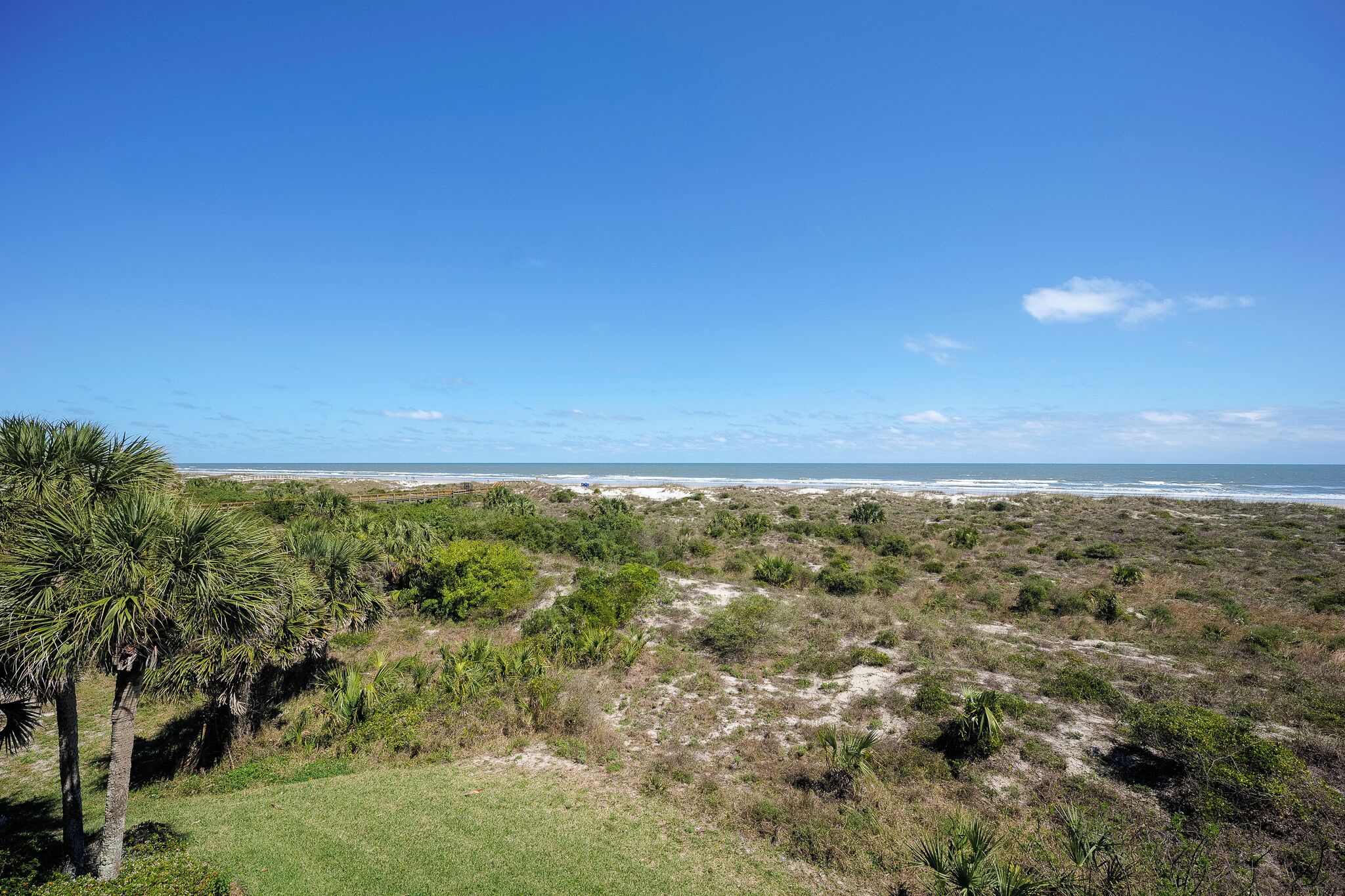 A coastal landscape with a clear sky, grassy terrain, and sparse vegetation.