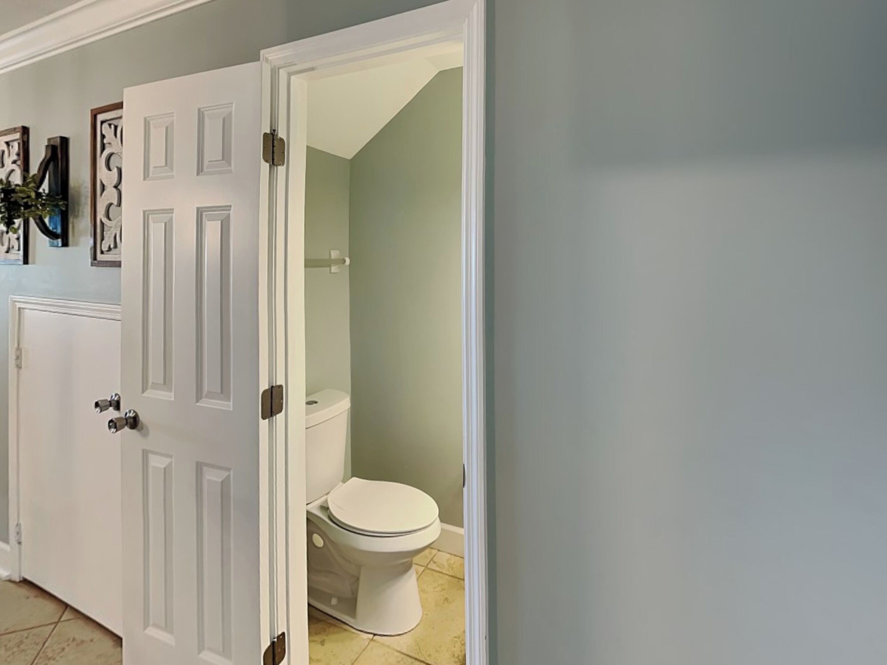 A bathroom with a toilet, a shower, and a door leading to another room.