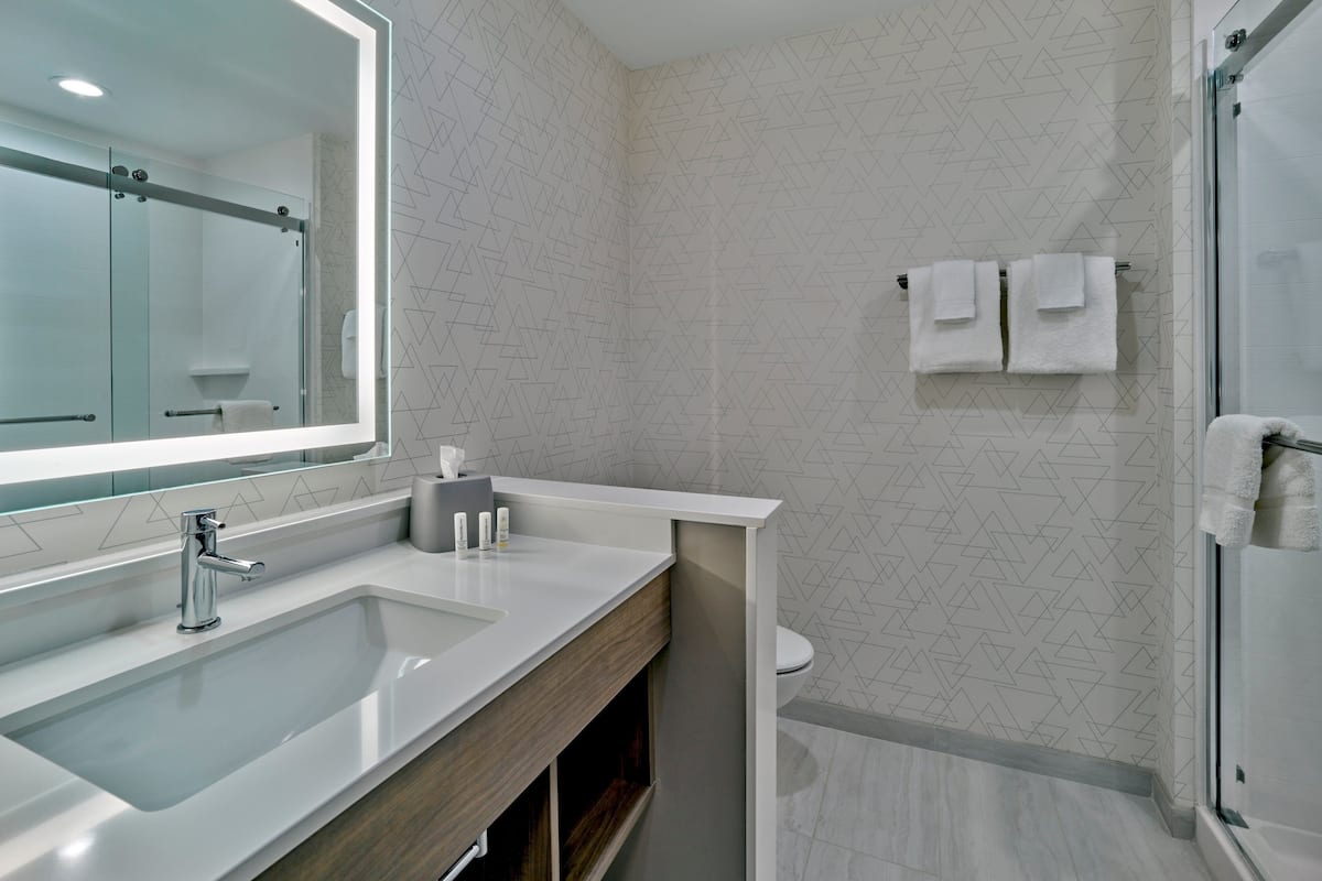 Hair dryer, towels, soap, shampoo