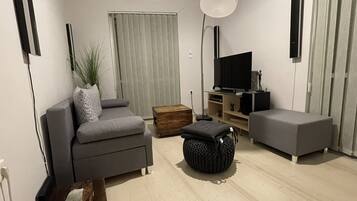 Lägenhet City | Vardagsrum | 43-tums tv med satellitkanaler, Netflix och dvd-spelare