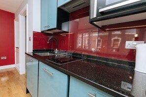 Fridge, microwave, stovetop, electric kettle