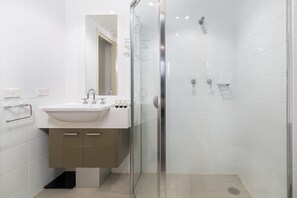 Shower, hair dryer, shampoo
