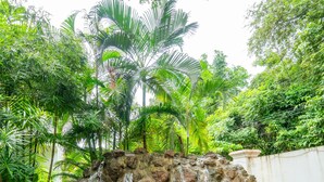 A waterfall cascading over a rocky ledge surrounded by lush greenery. - Casa Ahaana Resort Vagator, by Lavin Hotels (Vagator)