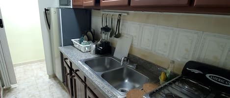Fridge, microwave, coffee/tea maker, toaster