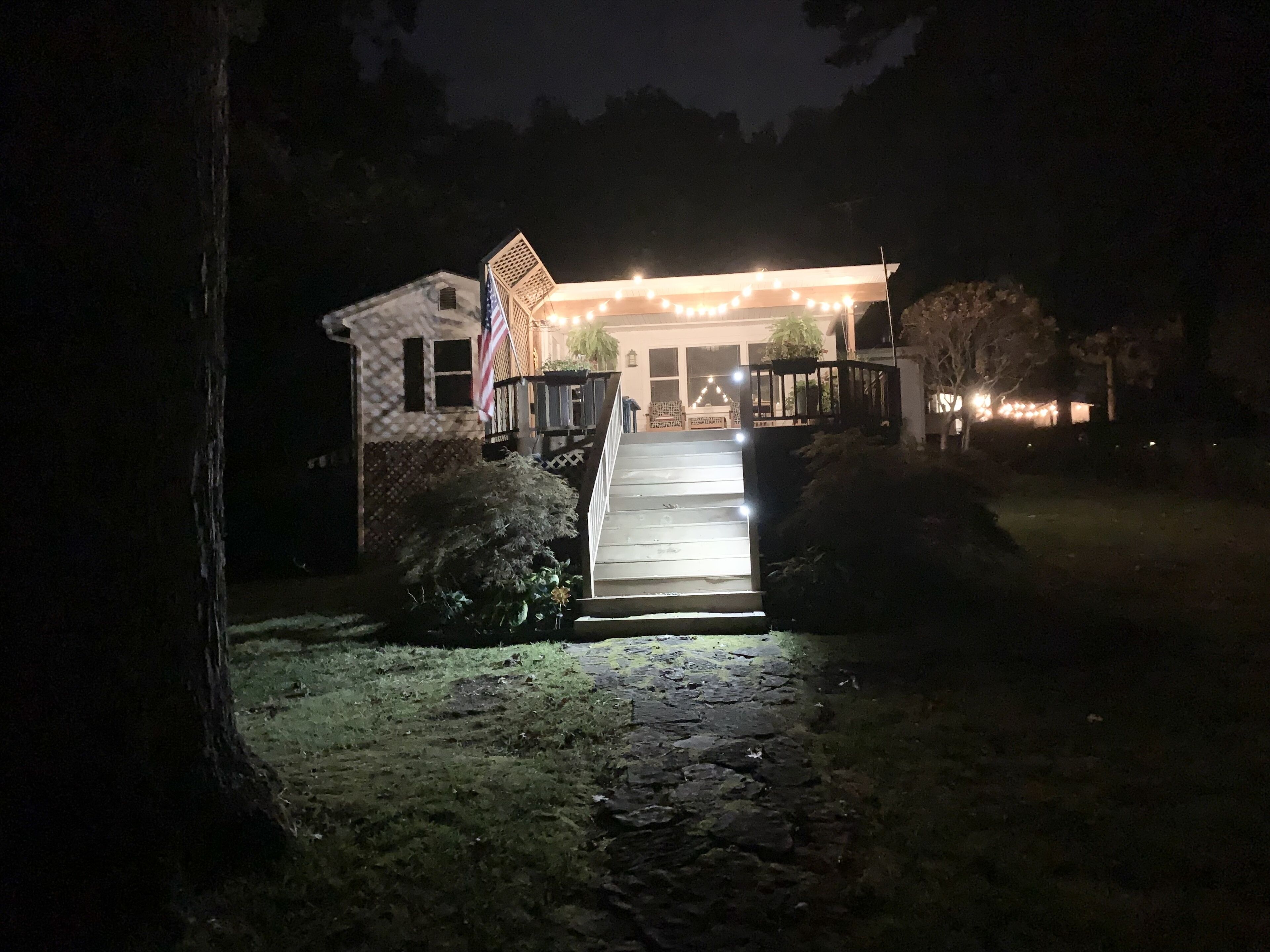 Serenity Cove Cottage at night.