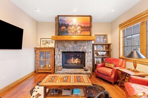 Smart TV, fireplace, books