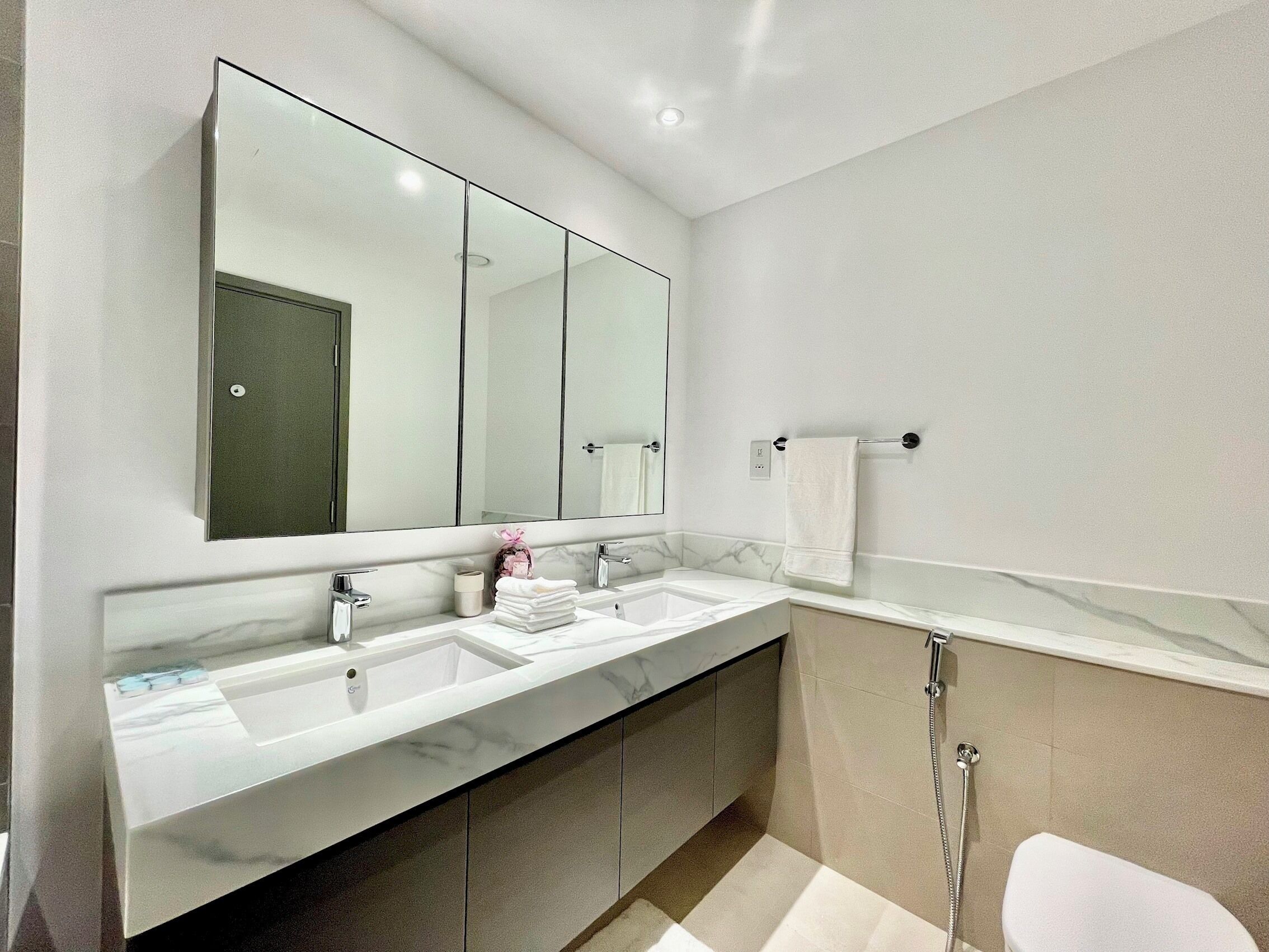 A modern bathroom with two sinks, a large mirror, a towel rack, and a shower.