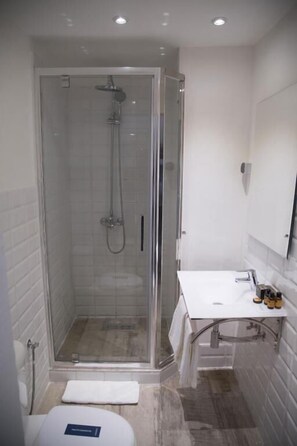 Shower, rainfall showerhead, hair dryer, slippers