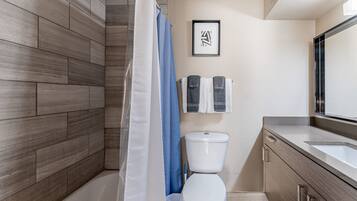 Shower, hair dryer, towels, shampoo