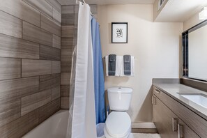 Chuveiro, secador de cabelo, toalhas de banho, shampoo