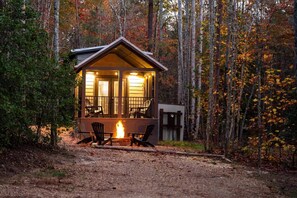 A cabin with a fire pit and outdoor seating, surrounded by a forest.