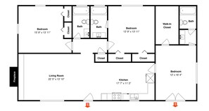 A floor plan with a living room, two bedrooms, a kitchen, and two bathrooms. - Elks Landing by Ruidoso Vacation Rentals (Ruidoso)