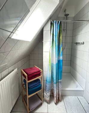 Shower, towels, soap, toilet paper
