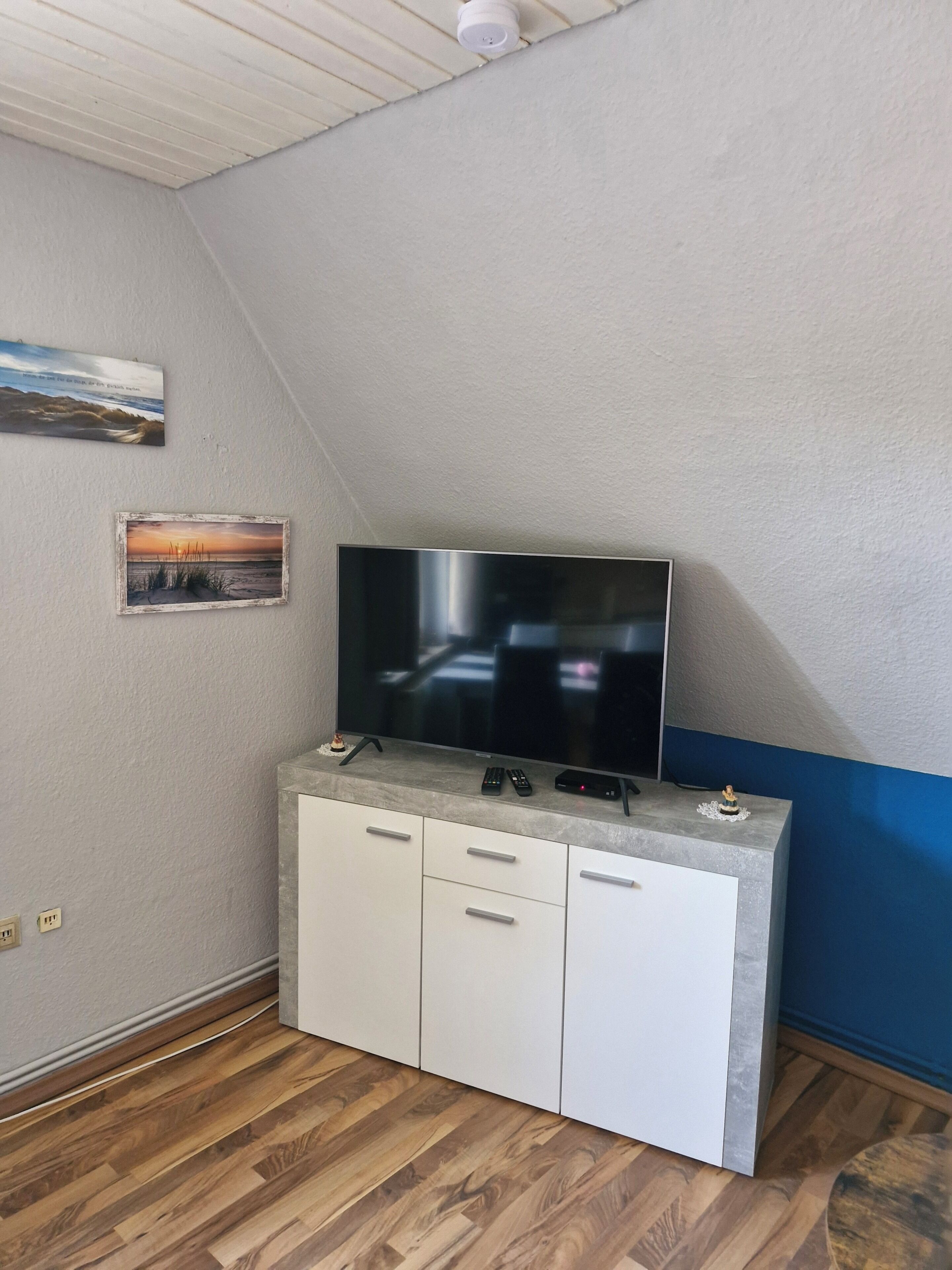 Une pièce avec un téléviseur à écran plat posé sur un meuble, un petit cadre photo accroché au mur et un luminaire fixé au plafond.