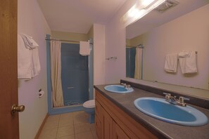 Quarto premium, 2 camas de casal, cozinha americana | Banheiro | Chuveiro, produtos de toalete grátis, toalhas de banho 