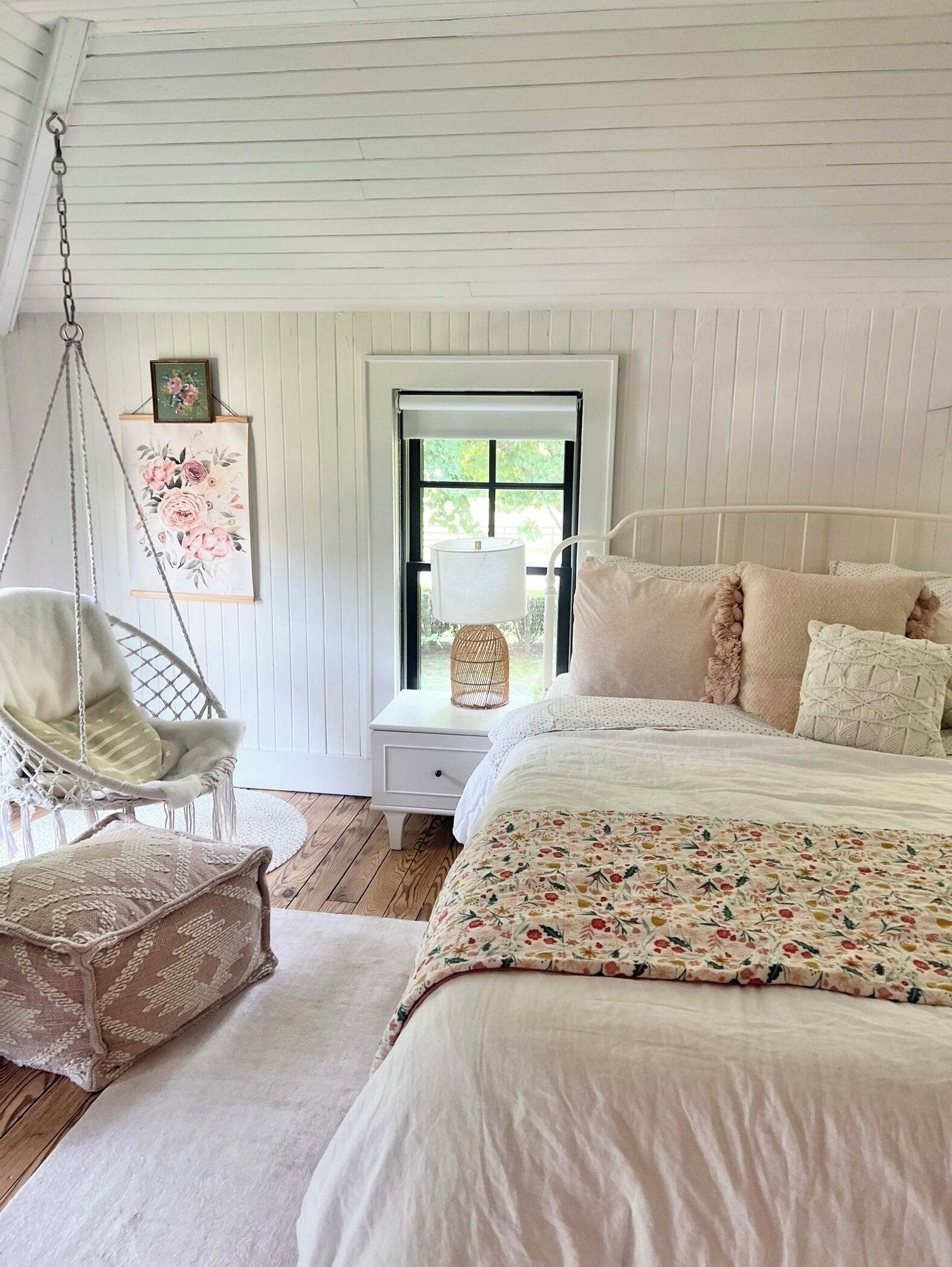Bedroom 2- sun-drenched, Queen bed, desk and swing chair overlooking backyard