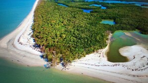Luftaufnahme einer Küstenregion mit Sandstrand, dichtem Grünland und mehreren kleinen Gewässern.