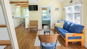 Un interior acogedor con piso de madera, un sofá azul, un sillón de mimbre y un televisor en una habitación con ventana.