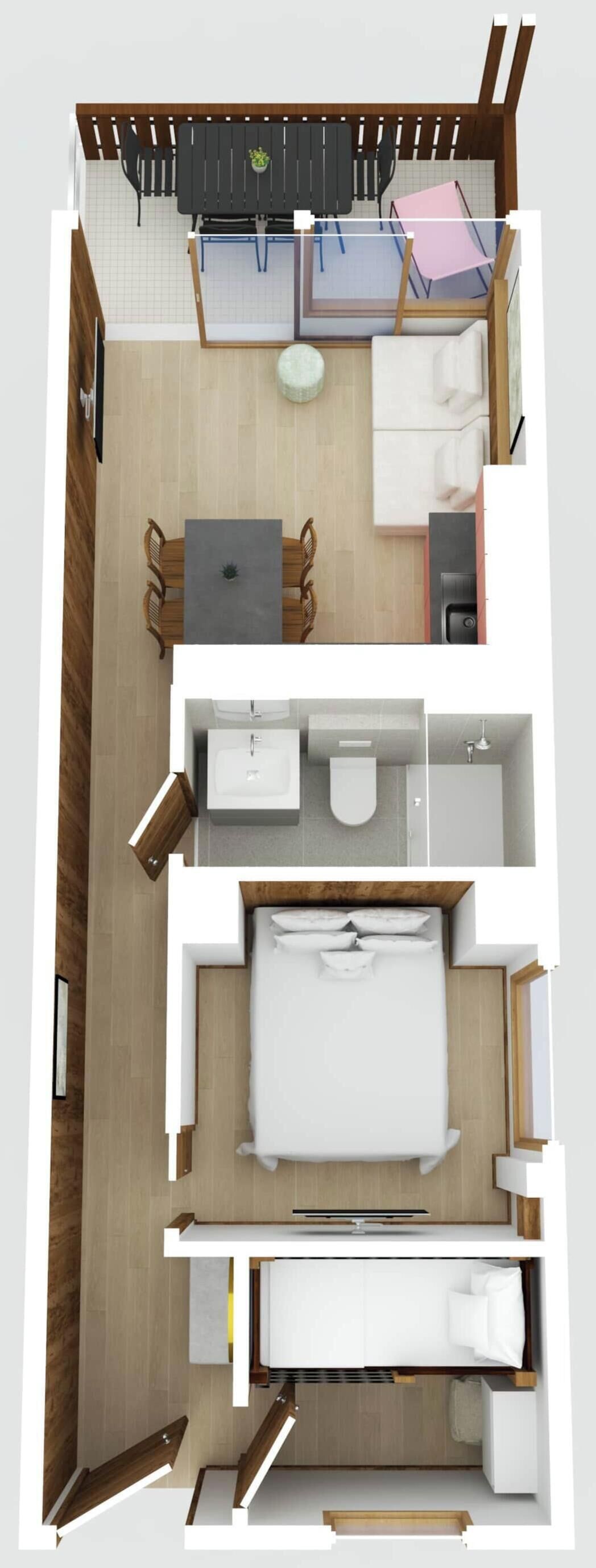 A top-down view of a hotel room with a bed, a small desk, a chair, a sofa, a bathroom, and a balcony with a table and chairs.