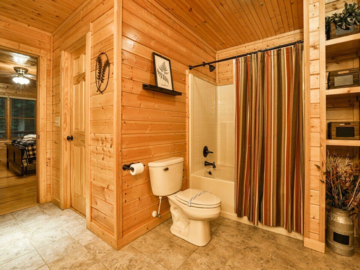 Een houten badkamer in een hutje, met toilet, bad en douchegordijn.