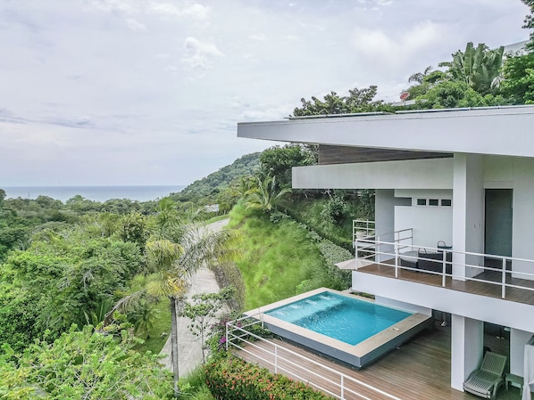 A modern house with a pool, surrounded by lush greenery and overlooking a body of water.