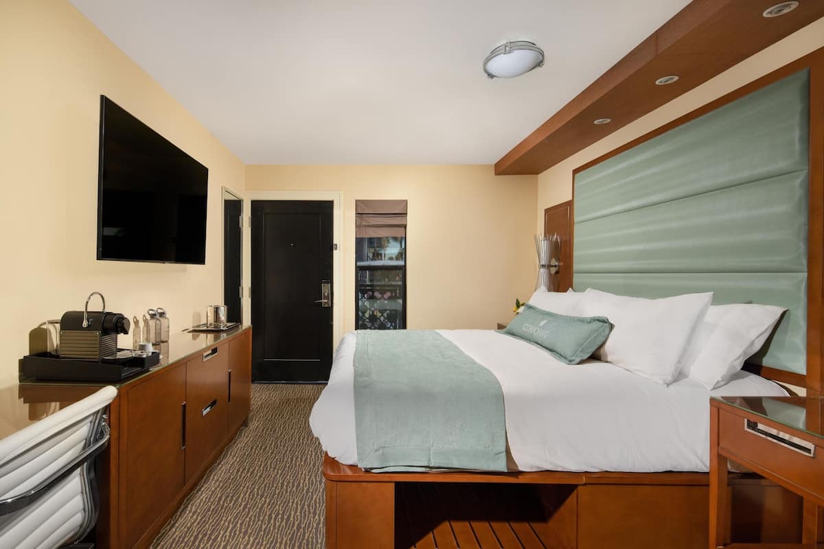 Habitación de hotel con cama, escritorio, televisor, armario y puerta.