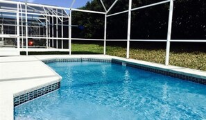 A heated pool, pool loungers