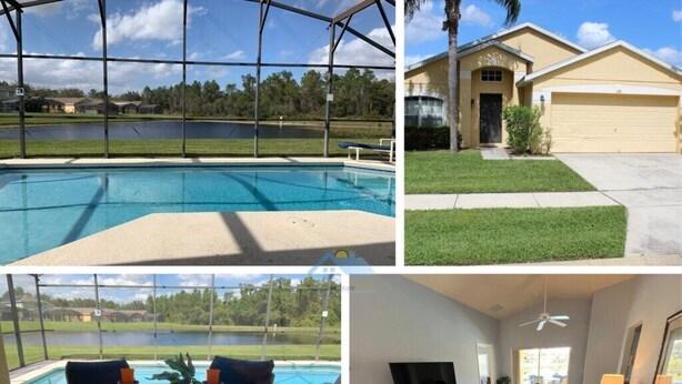 A swimming pool with a covered area, a house with a garage, a dining area with a table and chairs, and a living room with a sofa and television. - Just Keep Swimming - NEW Pool Home (Davenport)