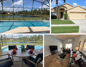 Une piscine dotée d’un espace couvert, une maison avec un garage, un coin repas avec une table et des chaises, et un salon avec un canapé et une télévision.
