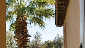 Un balcón con mesa y sillas, una palmera y vistas a un campo de golf.
